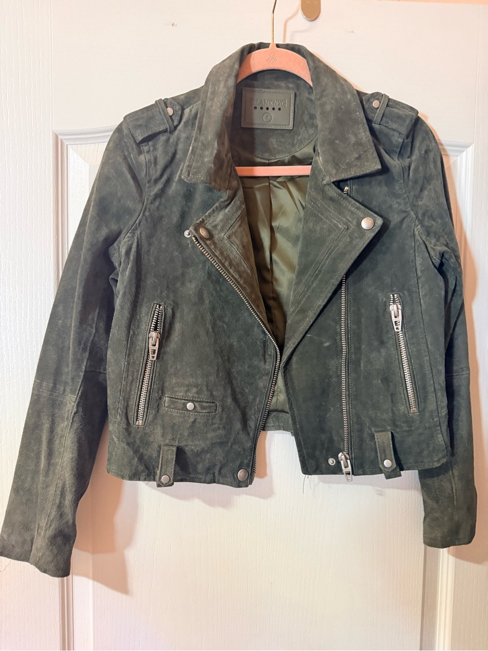 Blank NYC Grey Suede Moto Jacket with Silver Hardware.